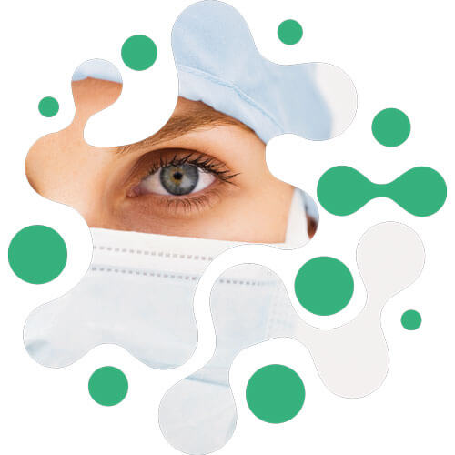 在一个抽象的绿色图形中，一个外科医生的脸与外科口罩的特写，象征着感染的预防